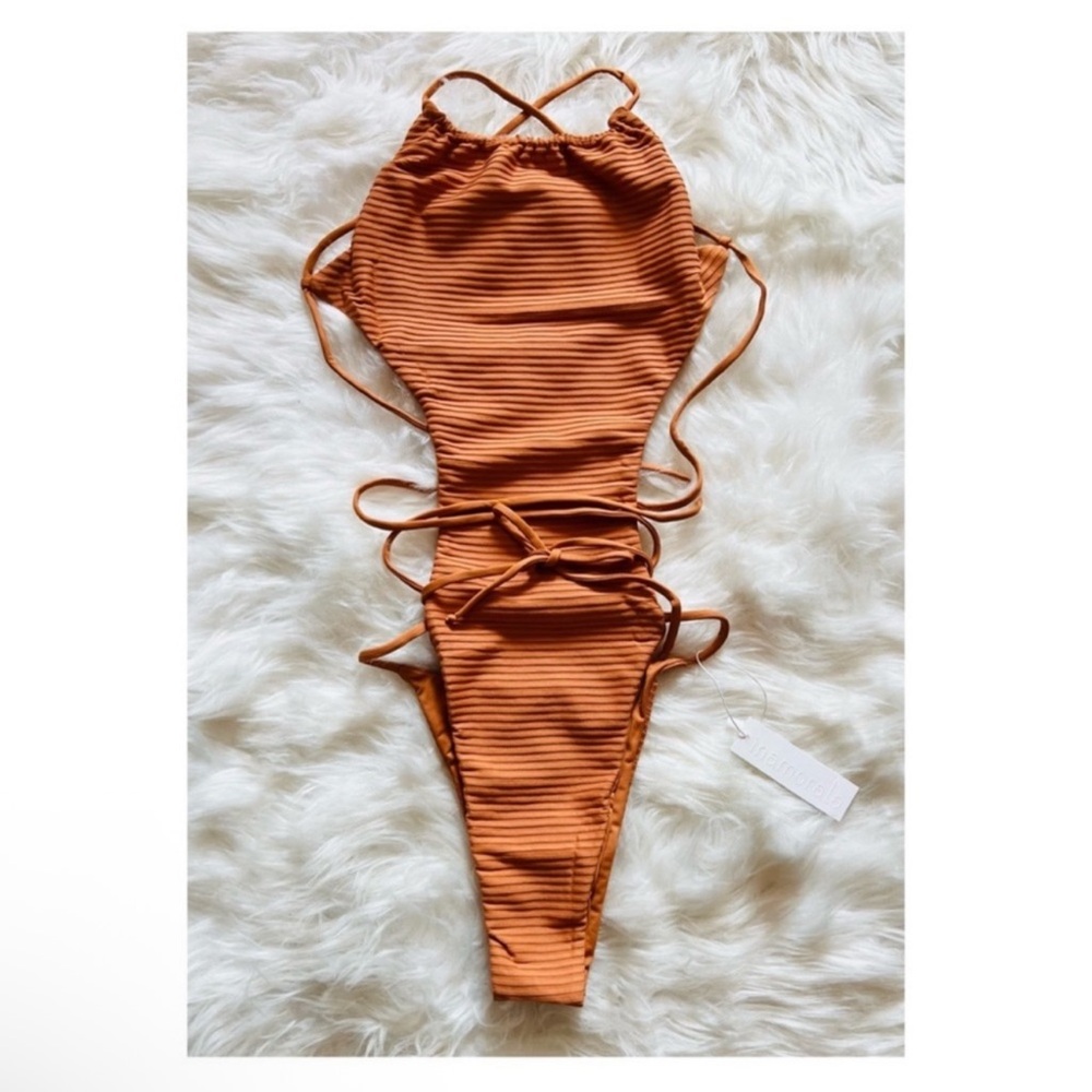 New! Rare INAMORATA George’s Ribbed Cut-Out Wrap Tie Lace Up One Piece Swimsuit